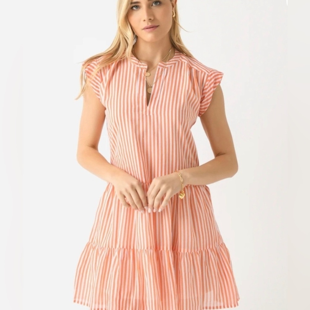 Oliphant Women's Playa Roll Sleeve Mini Dress in coral and white stripe print